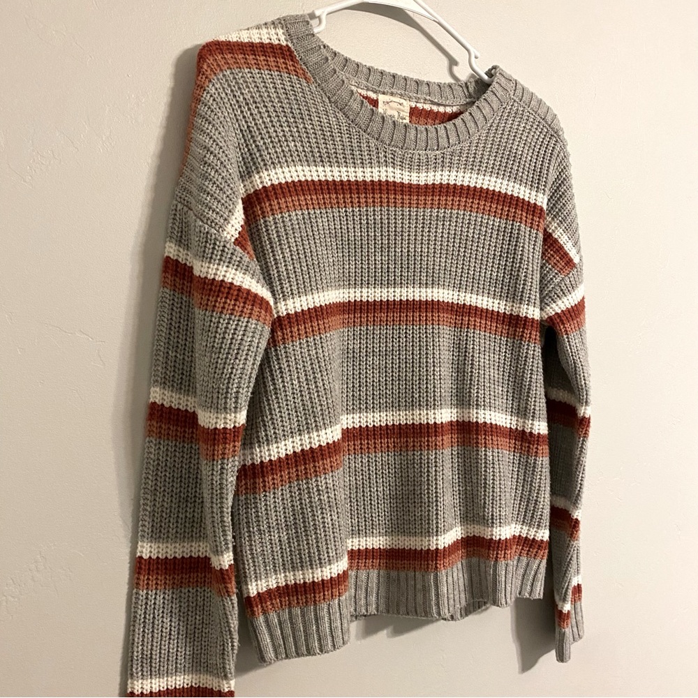 Striped Knit Boho Sweater Women’s Small Gray Orange Pink Autumn Fall Cute